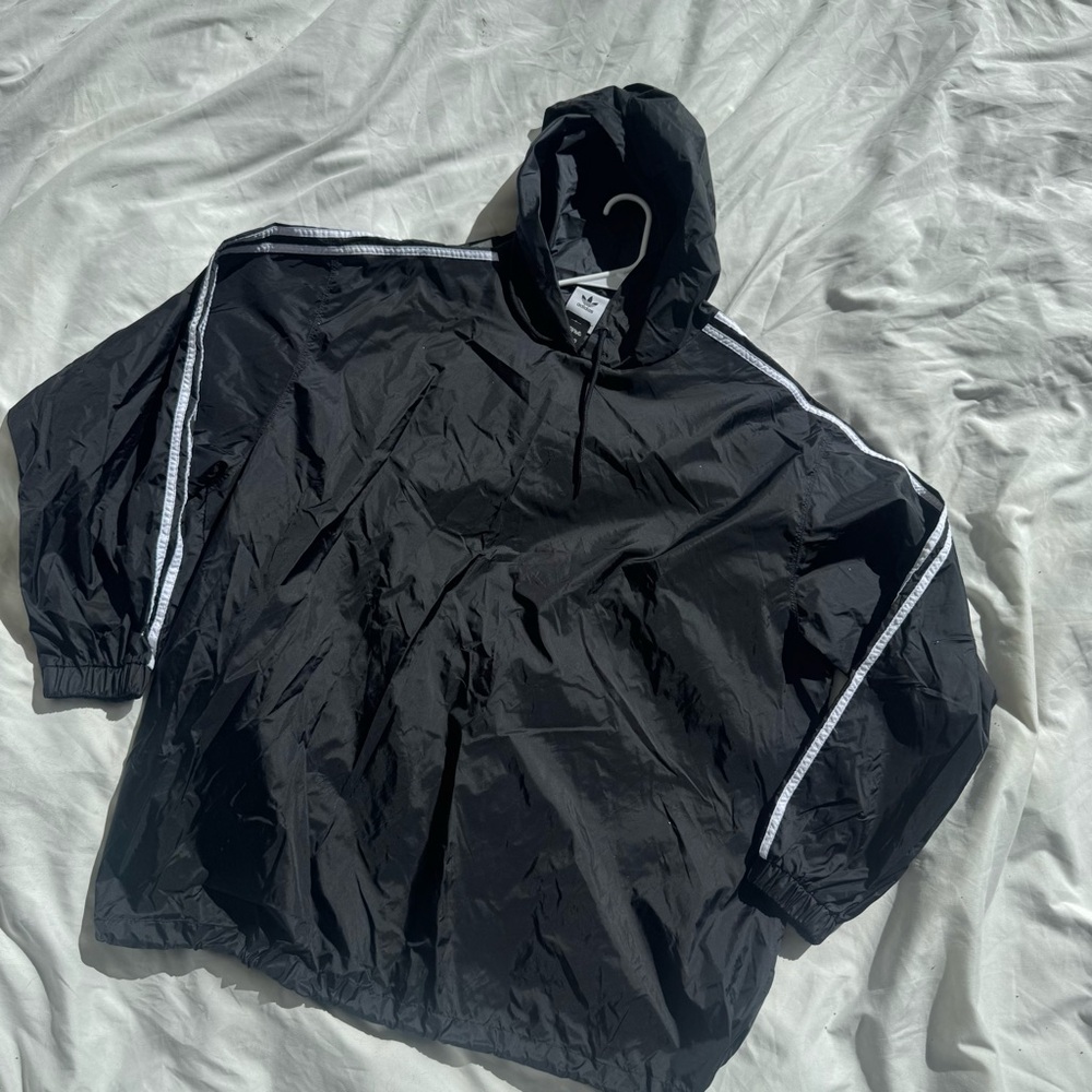 adidas Black Hooded Windbreaker with White Shoulder Stripe